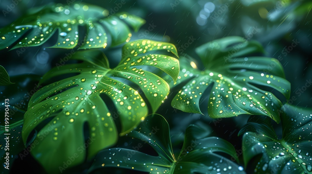 Fototapeta premium Rain-soaked monstera leaves with sparkling water droplets, hyper-detailed textures