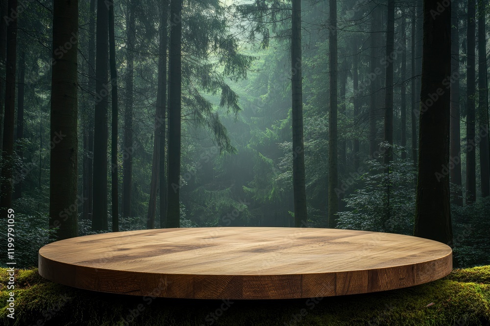 Empty wooden round table top with a blurred green forest background for product display presentation and nature concept design, stock photo. 2/3 space for text. Empty wooden round table top with a blurred green forest background for product display presentation and nature concept design, stock photo. 2/3 space for text.