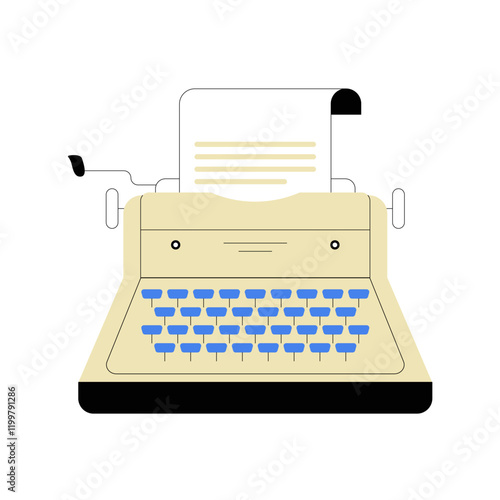 Vintage Typewriter With Paper In Flat Vector Illustration Symbolizing Writing, Creativity, And Journalism, Isolated On White Background