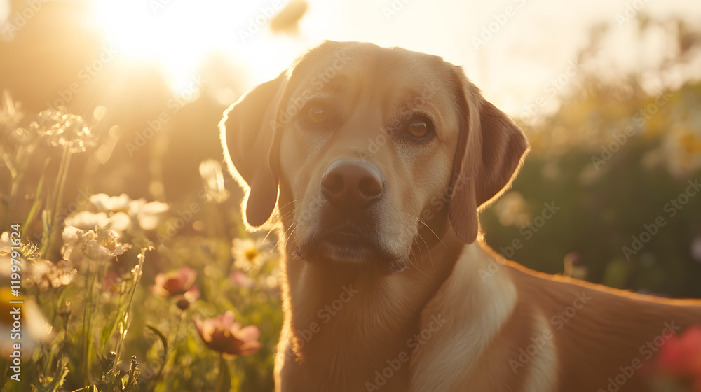 Closeup of a beautiful dog looking at the camera surrounded by sunflowers in a field, enjoying the summer on a sunset Closeup of a beautiful dog looking at the camera surrounded by sunflowers in a field, enjoying the summer on a sunset