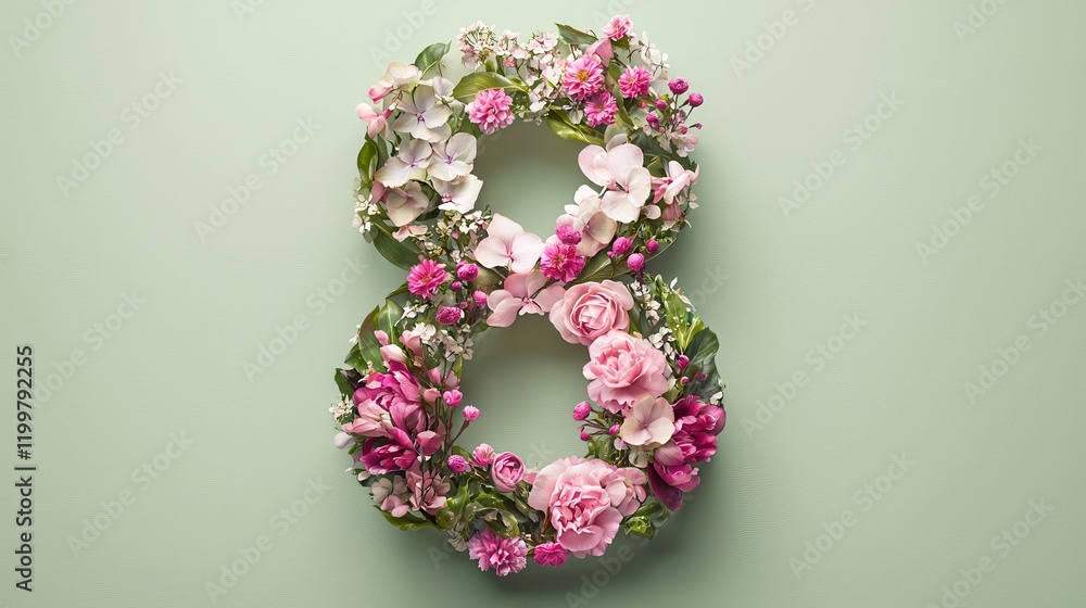 Soft-focus illustration of the number 8 with vibrant botanical textures and seasonal flowers on a pale green background..