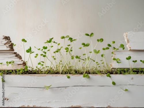 White Wooden Planks With Tiny Green Sprouts. photo