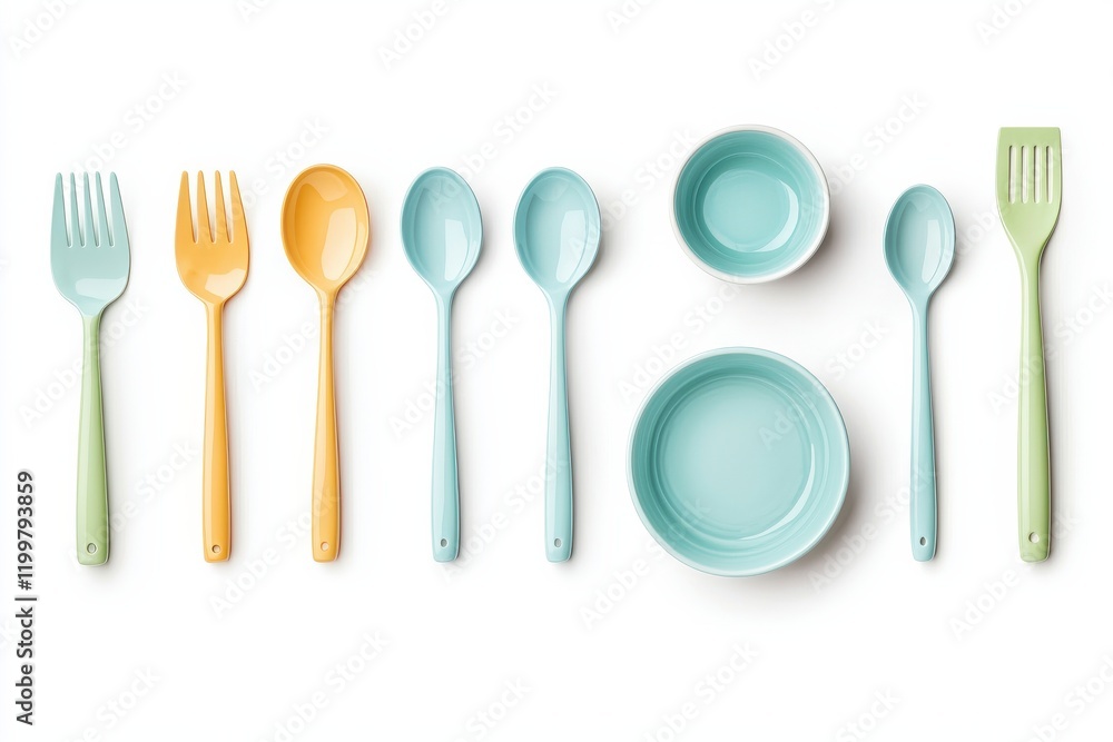 Colorful cutlery and dishware set arranged neatly, featuring forks, spoons, and bowls in pastel shades perfect for dining or table setting. Colorful cutlery and dishware set arranged neatly, featuring forks, spoons, and bowls in pastel shades perfect for dining or table setting.