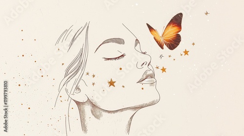 Minimalistic Women's Day design with symbolic elements like butterfly, stars, and empowering feminine outline..