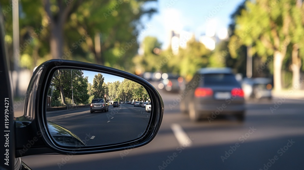 Side mirror reflecting city street traffic. Side mirror reflecting city street traffic.