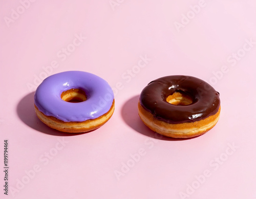 Glazed Donuts Purple Chocolate Sweet Treats Pink Background photo