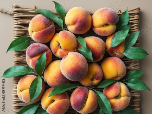 Fresh harvest of ripe and juicy peaches displayed in a flat lay composition featuring organic fruits suitable for vegans photo