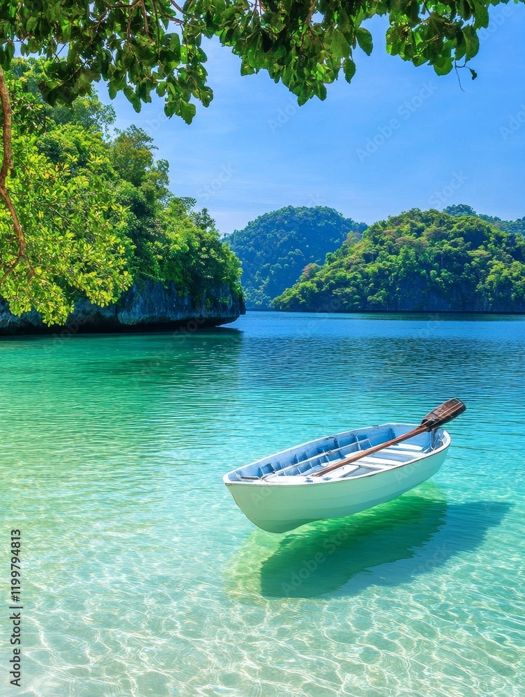 Serene Island Getaway - A small boat floats in crystal-clear turquoise water, surrounded by lush green islands under a vibrant blue sky. Peaceful and idyllic scene. Serene Island Getaway - A small boat floats in crystal-clear turquoise water, surrounded by lush green islands under a vibrant blue sky. Peaceful and idyllic scene.