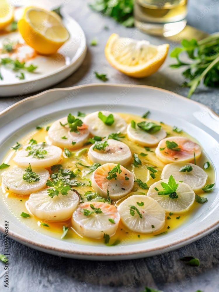 Scallop carpaccio, thinly sliced and drizzled with olive oil and lemon juice, garnished with fresh herbs, presented on a white plate in a chic dining setting. Scallop carpaccio, thinly sliced and drizzled with olive oil and lemon juice, garnished with fresh herbs, presented on a white plate in a chic dining setting.