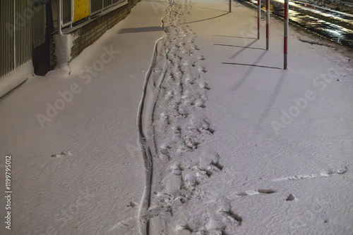 winter in the city, sudden attack of winter at night in the city. snowfall and frost. bad and capricious weather conditions. traces of feet and shoes in the snow on the city sidewalk. unplowed sidewal photo