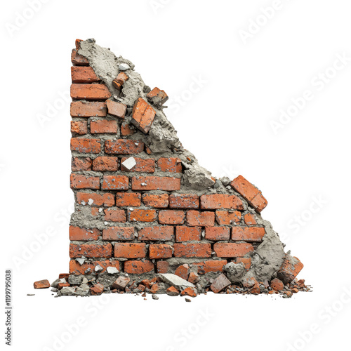 Crumbling Brick Wall with Exposed Mortar and Debris Isolated on transparent background