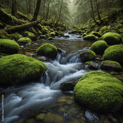Sparkling mountain stream weaving through moss-covered stones.