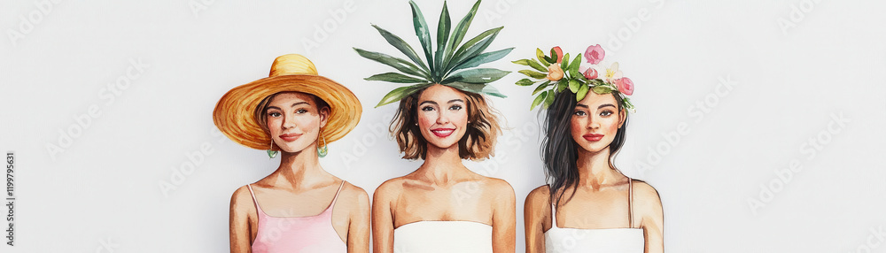 Naklejka premium Three women display unique plant-inspired headpieces.