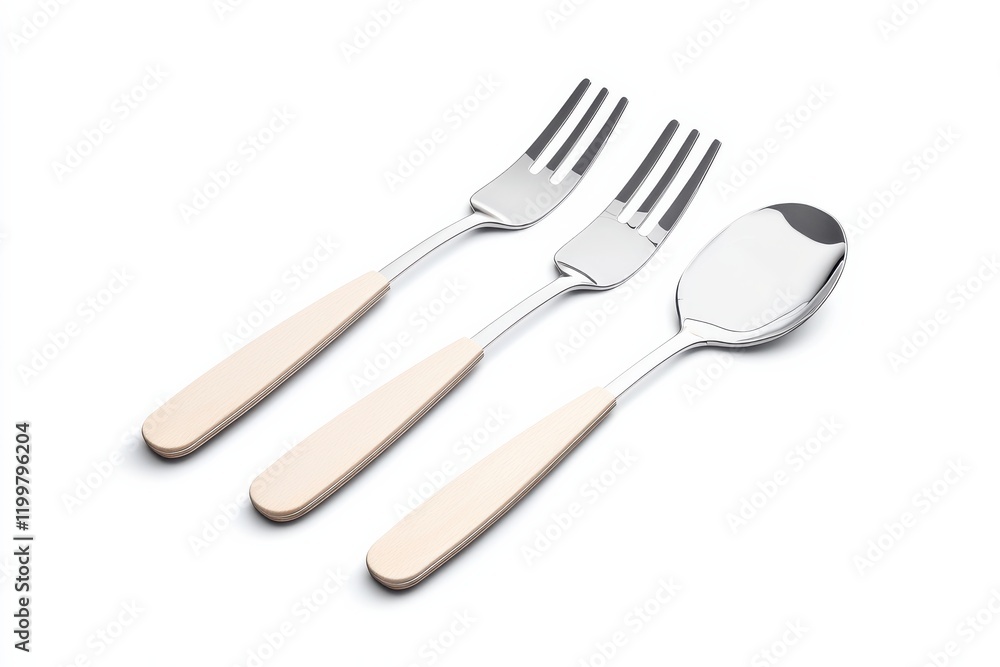 A sleek set of stainless steel cutlery featuring a spoon and two forks with elegant wooden handles, perfect for modern dining. A sleek set of stainless steel cutlery featuring a spoon and two forks with elegant wooden handles, perfect for modern dining.