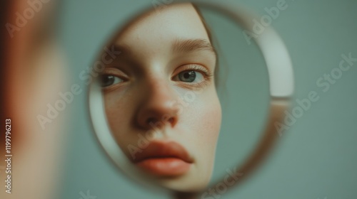 A person gazes into a handheld mirror, their face softly illuminated by warm ambient light. The intimate reflection captures a moment of introspection and serenity, inviting deeper thoughts