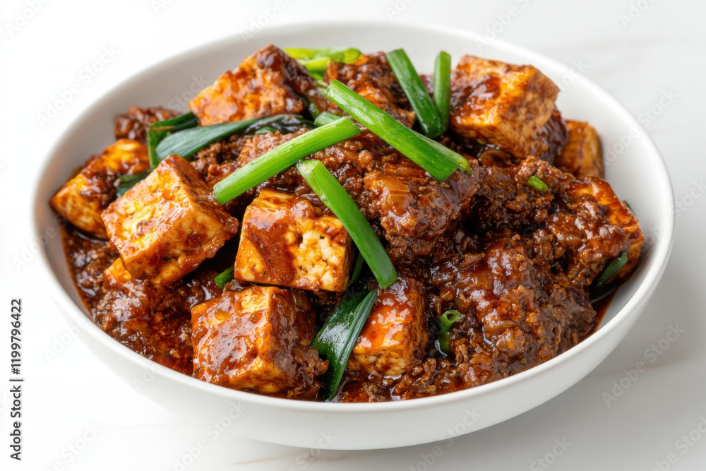 bowl of spicy mapo tofu garnished with green onions, rich and flavorful bowl of spicy mapo tofu garnished with green onions, rich and flavorful