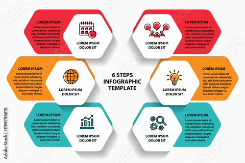 6 steps infographic template with 6 options. Flowchart that can be used for business report, data visualization and presentation. Timeline infographic elements vector illustration.