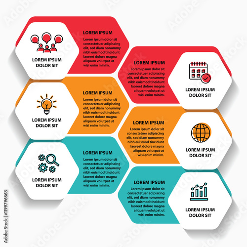 6 steps infographic template with 6 options. Flowchart that can be used for business report, data visualization and presentation. Timeline infographic elements vector illustration.