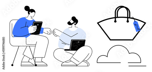 Two people using tablets and laptops while interacting, a large shopping bag icon with tags, and a cloud. Ideal for e-commerce, remote work, collaboration, cloud services, teamwork, shopping