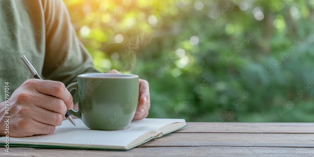 Burnout recovery builds resilience. Cozy moment with coffee and notebook in a serene outdoor setting. Burnout recovery builds resilience. Cozy moment with coffee and notebook in a serene outdoor setting.