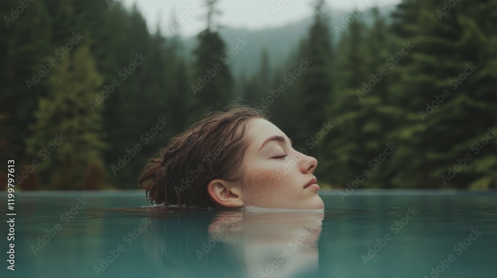 Fototapeta premium A person finds peace while gazing into the still waters, enveloped by a lush forest. This moment of self-reflection captures a sense of calm and contemplation