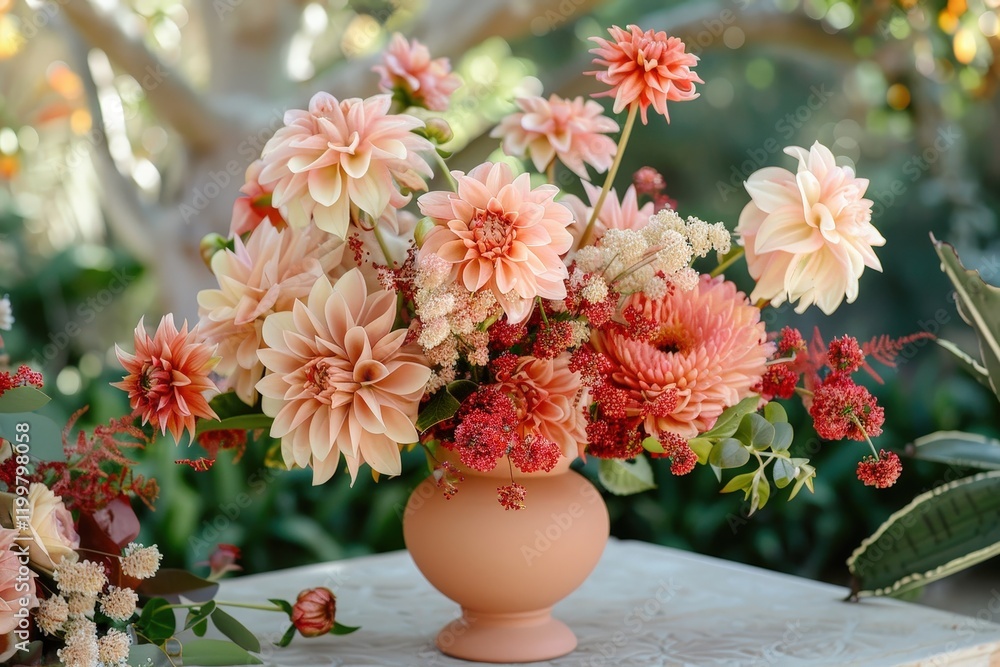 A vase of flowers sits on a table, with a variety of pink A vase of flowers sits on a table, with a variety of pink