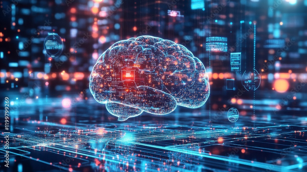 A visualization of a digital brain, built from interconnected metal circuits and glowing neural nodes. The brain is set against a dark, vast digital landscape, with AI patterns emerging from within. A visualization of a digital brain, built from interconnected metal circuits and glowing neural nodes. The brain is set against a dark, vast digital landscape, with AI patterns emerging from within.