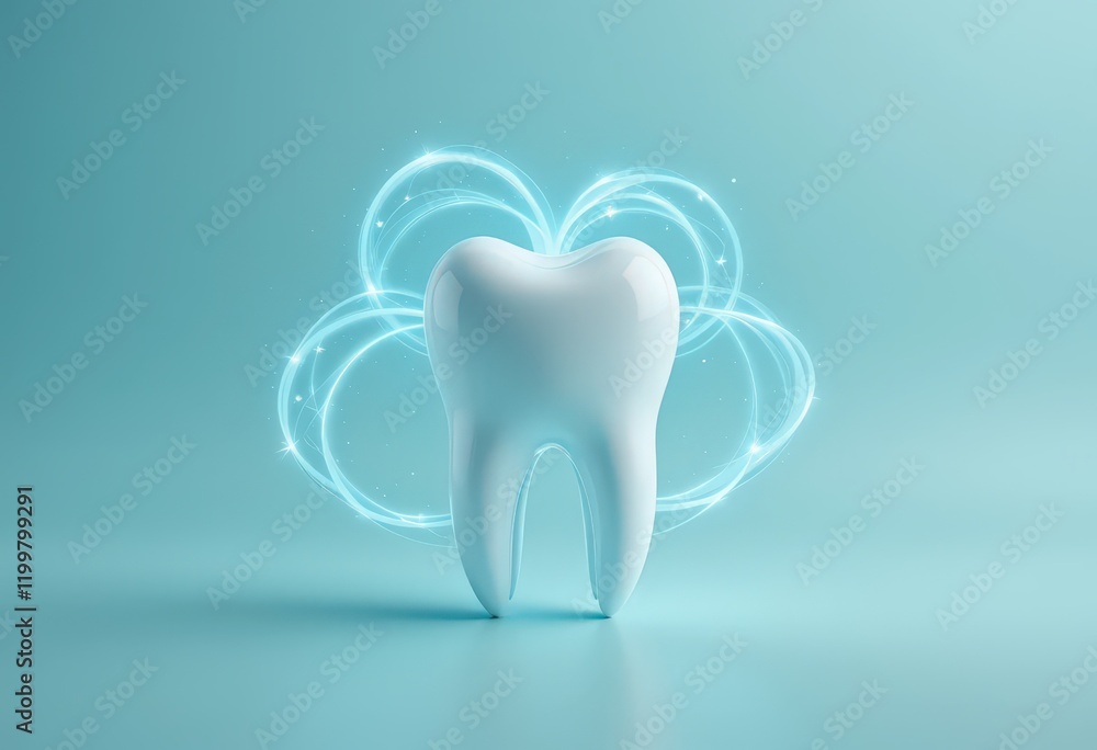 Shiny tooth with glowing blue swirls on turquoise background. Shiny tooth with glowing blue swirls on turquoise background.