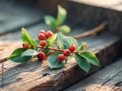 Two sprigs of foliage with berries on wood. photo