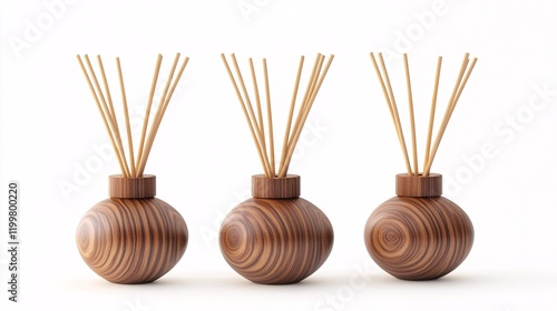 Three elegant wooden aroma diffusers with bamboo reeds, adding a natural touch to any space. photo