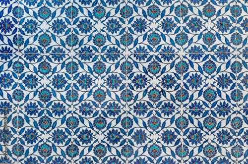 Vintage ceramic tiles, Iznik tiling decor from Rustem Pasa Mosque in Istanbul, Turkey..