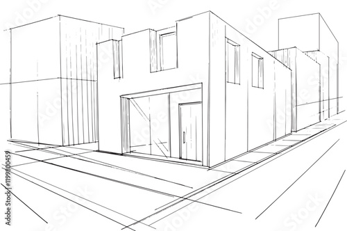 Line drawing, Modern house architecture drawing,2d illustration