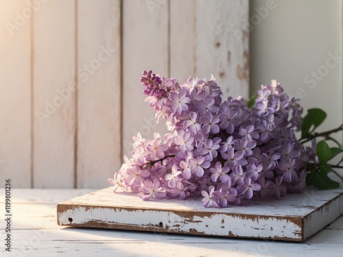 Purple lilac flowers on rustic white wash wood board mockup floor and wall background photo