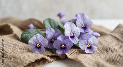 Fresh purple violets arranged on rustic burlap fabric. photo