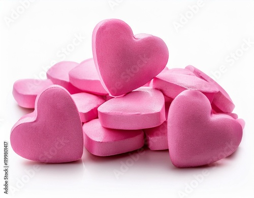 pile of pink heart shaped candies isolated on a white background a valentine s day theme photo