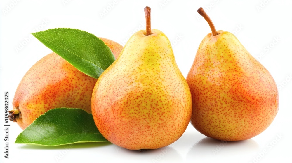 Isolated of a single ripe yellow pear with a smooth surface and a green stem placed on a plain white background Stock Photo with side copy space Isolated of a single ripe yellow pear with a smooth surface and a green stem placed on a plain white background Stock Photo with side copy space