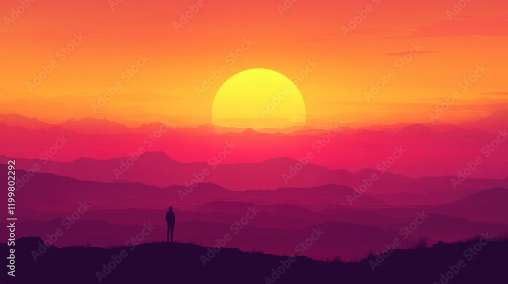 Obraz premium Traveler enjoys a stunning sunset view from a mountain summit with vibrant colors lighting the horizon. Generative AI
