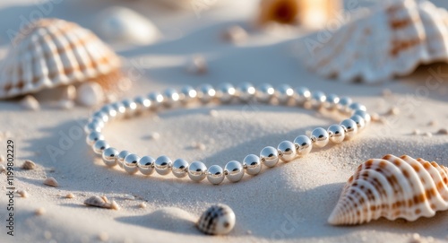 Sterling Silver Beaded Bracelet on Sand with Seashells photo