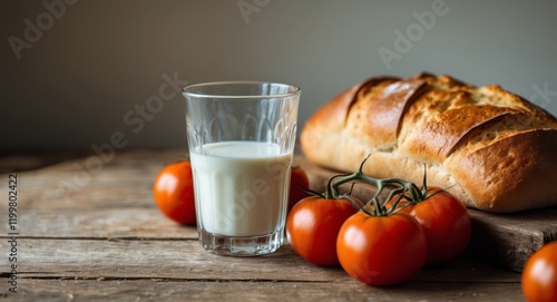 Milk in a glass with freshly baked bread and ripe tomatoes on a rustic kitchen table showcasing a delightful culinary setting photo