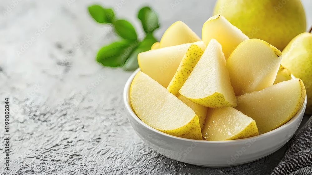 Isolated of freshly sliced pear wedges arranged in a spiral pattern on a plate on a white background Stock Photo with side copy space Isolated of freshly sliced pear wedges arranged in a spiral pattern on a plate on a white background Stock Photo with side copy space