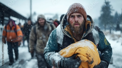 A rugged traveler, wrapped in winter clothing and carrying essential gear, trudges through a fierce snowstorm, symbolizing resilience and adventure in harsh conditions. photo