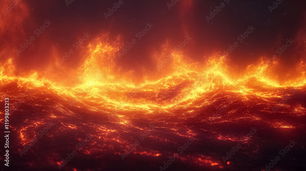 Fiery molten lava waves glowing with intense orange and red hues under a dark night sky. Volcanic eruption and heat concept for dramatic landscape design. Fiery molten lava waves glowing with intense orange and red hues under a dark night sky. Volcanic eruption and heat concept for dramatic landscape design.