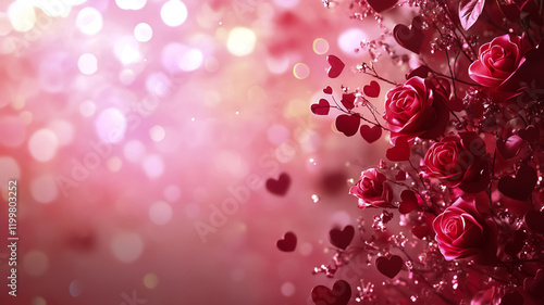 Red roses and heart-shaped decorations against a soft pink bokeh background. Romantic Valentine's Day floral composition for design and celebration.