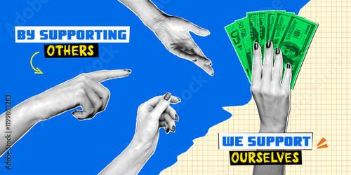 Retro collage symbolizing the act of giving and receiving, emphasizing the importance of charity and community support. Financial contributions, helping each other.