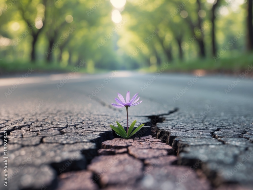 Purple Flower on Cracked Asphalt Road Surrounded by Lush Green Trees. Purple Flower on Cracked Asphalt Road Surrounded by Lush Green Trees.