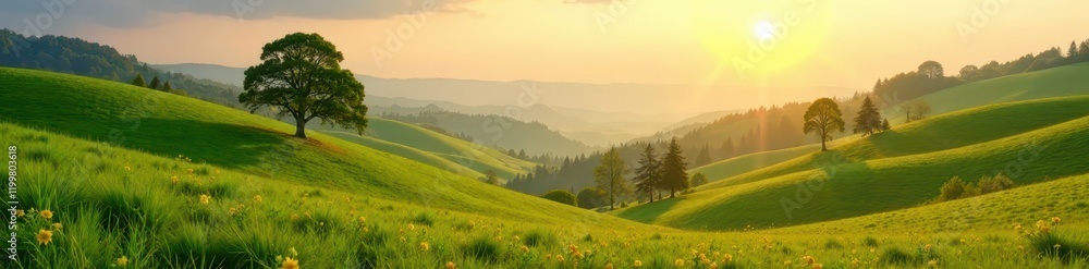 Soft sunlit landscape with rolling hills and towering trees in the distance, sunshine, tree Soft sunlit landscape with rolling hills and towering trees in the distance, sunshine, tree