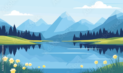 Serene Mountainous Landscape with Reflective Lake and Blooming Wildflowers Concept