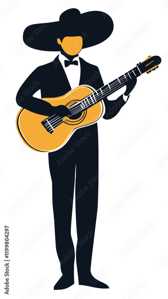 Silhouette of Mariachi Guitar Player in Traditional Attire Celebrating Mexican Culture
