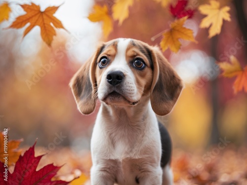 Adorable Beagle Puppy Gazing Upwards Autumn Background photo