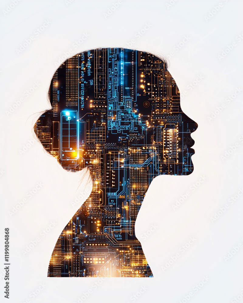 Creating an Innovative Motherboard, double exposure design showcasing woman silhouette filled with digital circuitry, symbolizing technology and innovation Creating an Innovative Motherboard, double exposure design showcasing woman silhouette filled with digital circuitry, symbolizing technology and innovation